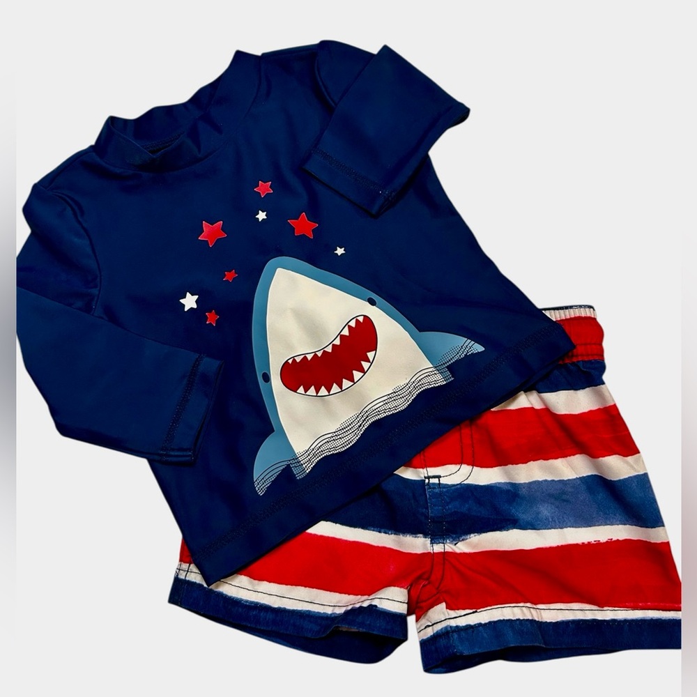 Carter’s sz 6 months boys long sleeve rash guard swim trunks shorts set, NWOT